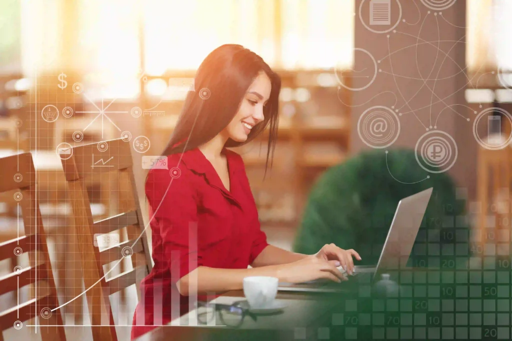 Woman Using Laptop with Digital Marketing Icons and Analytics Overlays